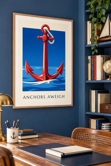 Poster scheepsanker en touw op een achtergrond van kalme zee : ingelijst aan de muur