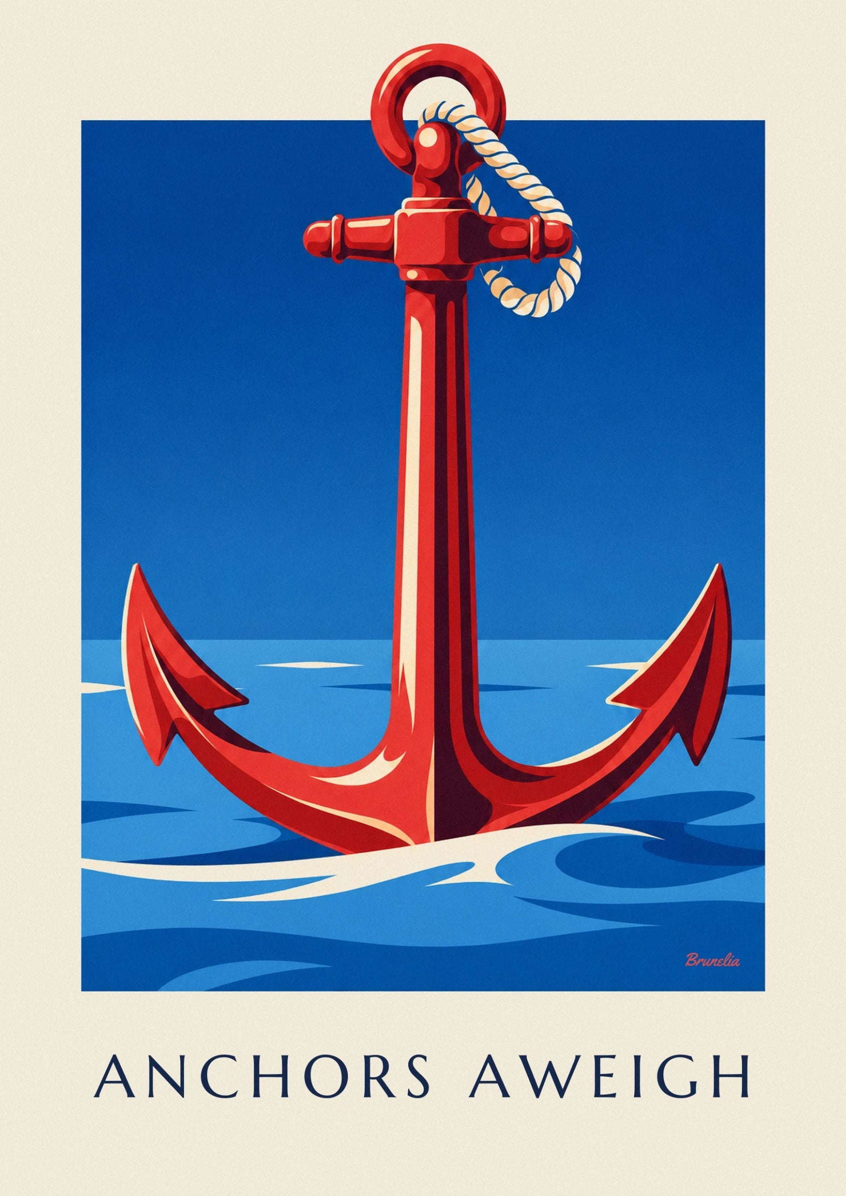 De rode schacht van het anker, met crème en bordeauxrode strepen tegen een blauwe achtergrond