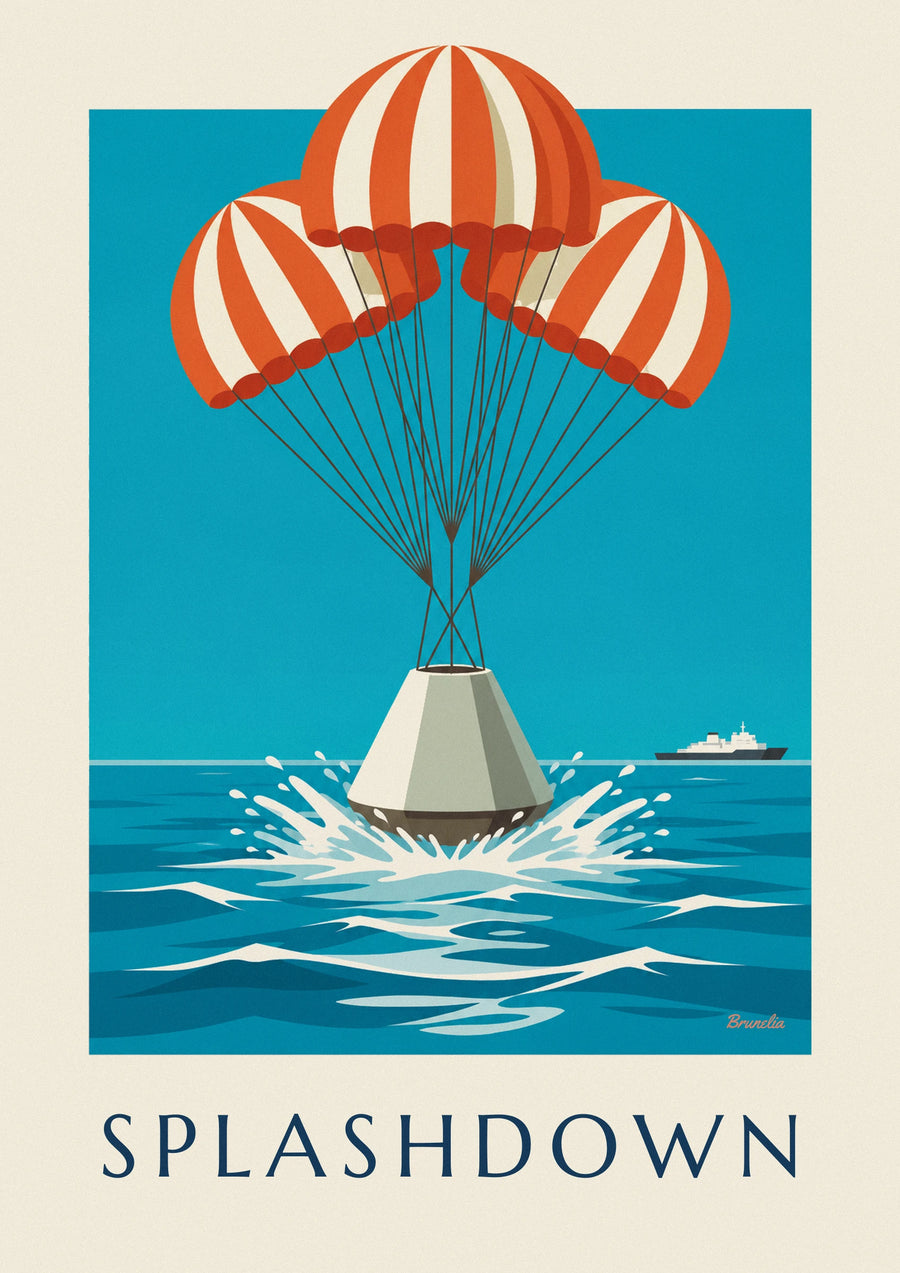 Affiche capsule spatiale amerrissant dans l'océan