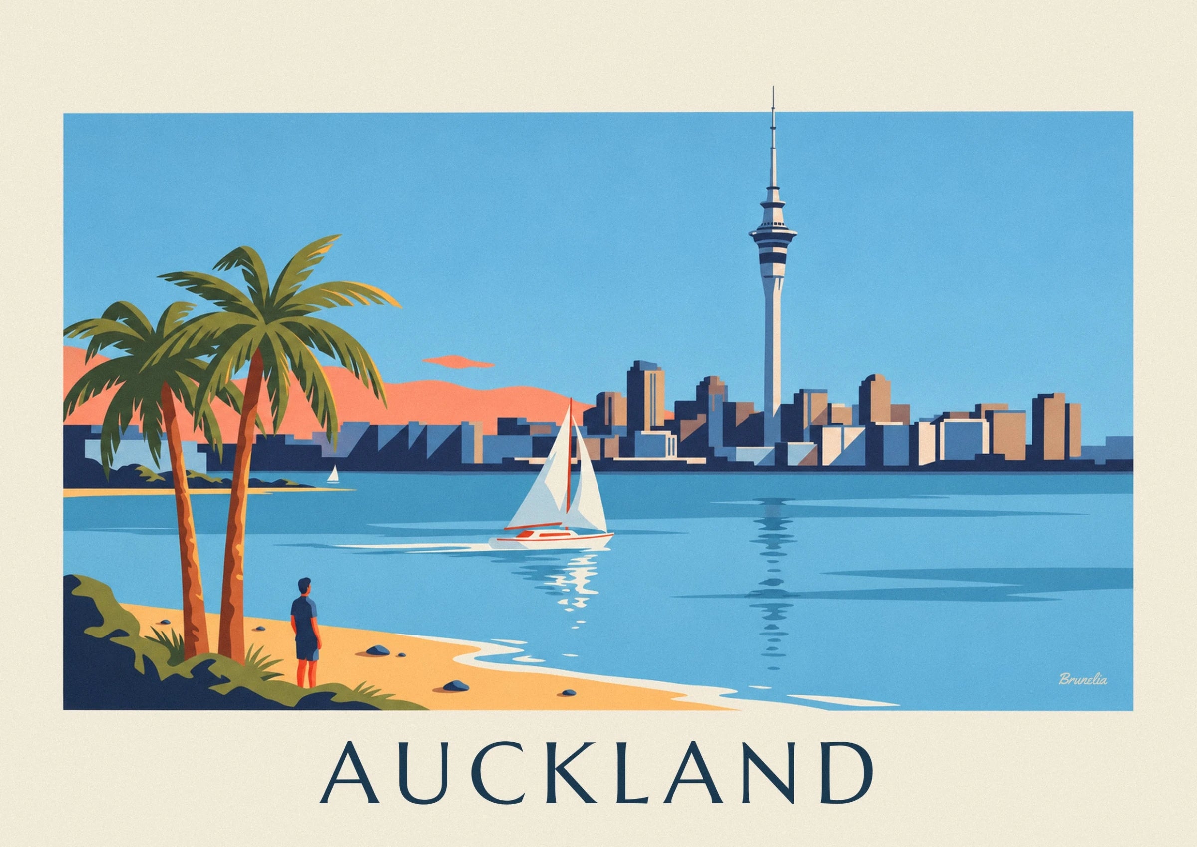 Le voilier aux voiles blanches et ses reflets dans le port bleu d’Auckland