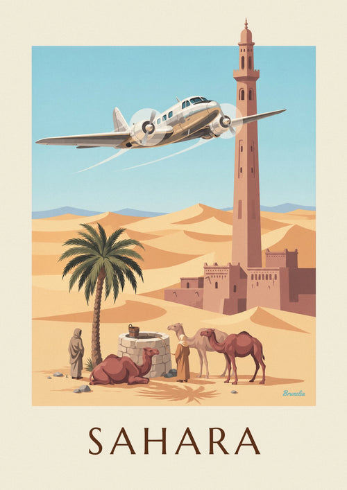 Poster of a three-engine plane flying over an oasis and the Sahara dunes: the full poster