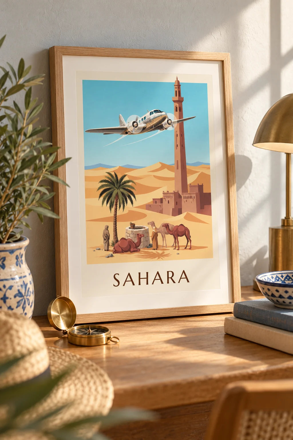 Kantoor: sfeerbeeld van Poster driemotorig vliegtuig boven een oase en de duinen van de Sahara