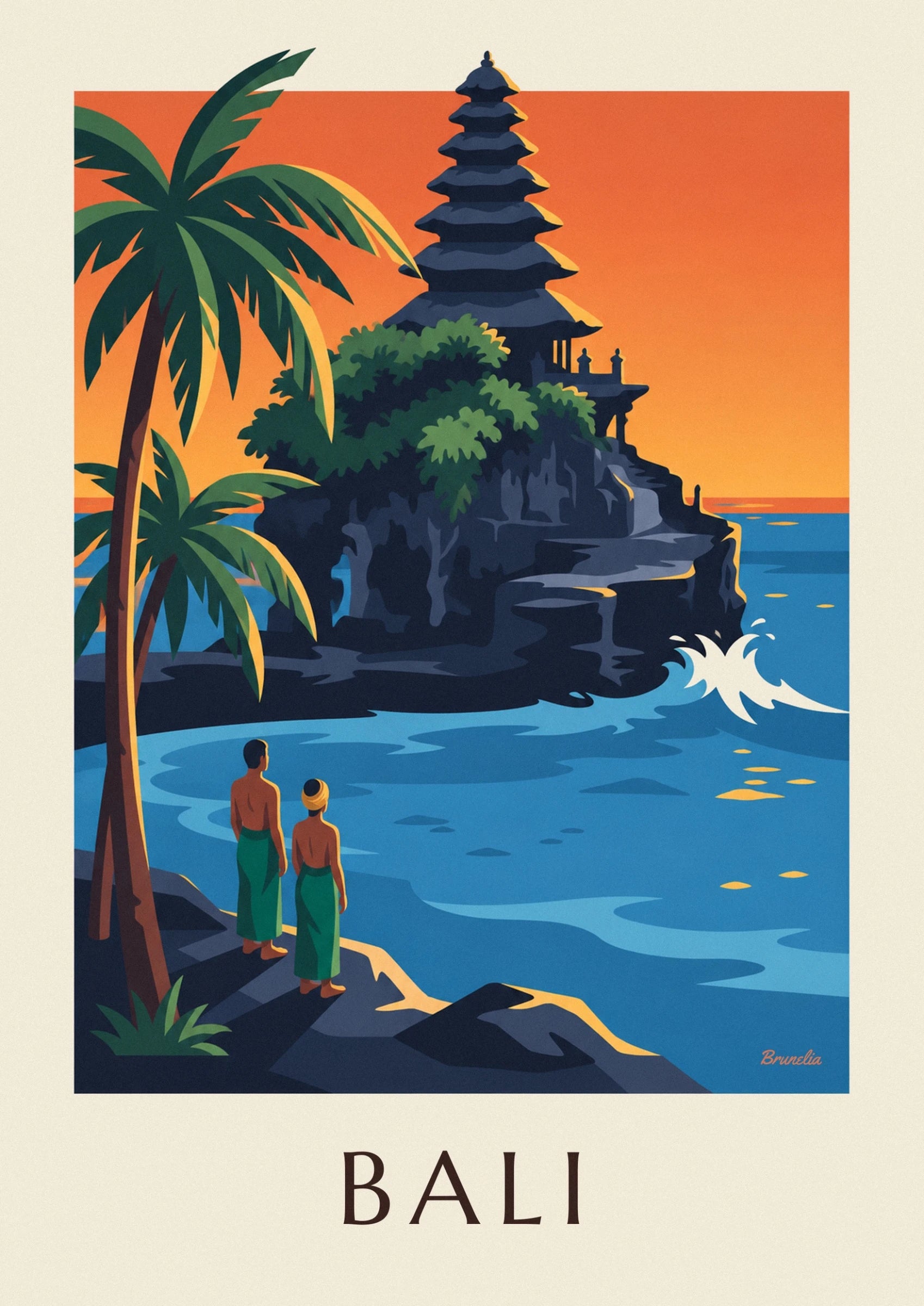 The temple of Tanah Lot with its tiered roofs, between green foliage and an orange sky