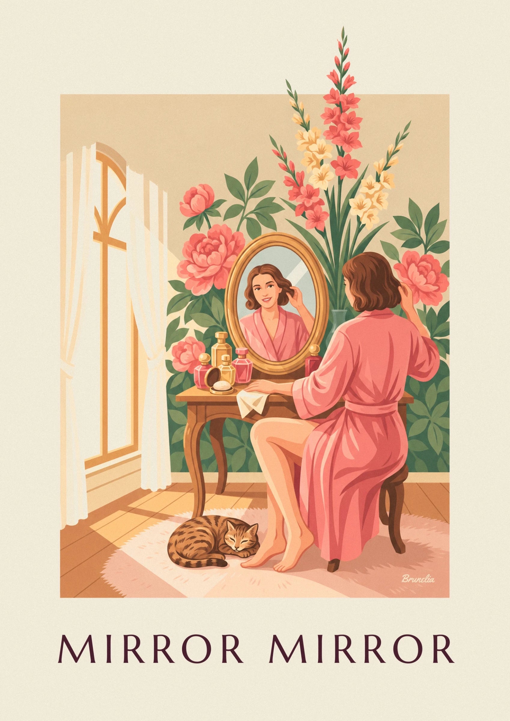 The reflection of a woman in a pink dressing gown in a gold mirror among the bottles