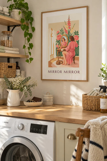 Affiche femme au miroir de coiffeuse sur fond fleuri : encadrée au mur