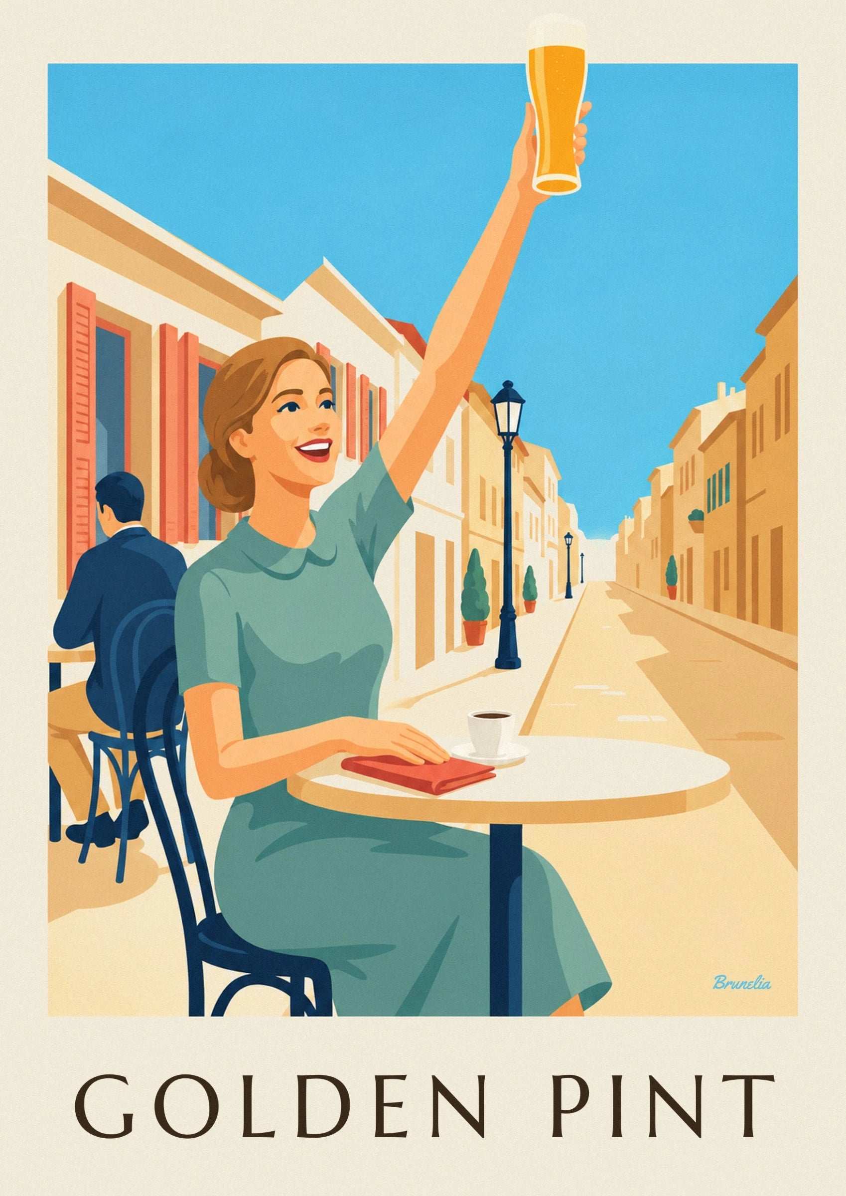 A smiling woman in a green dress with one arm raised in front of the colourful façades