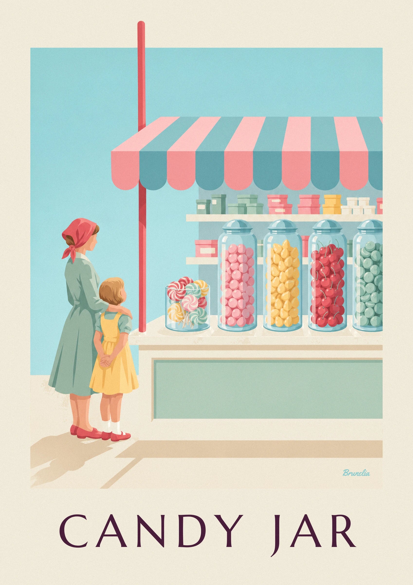 Lollipops and candy jars in a candy shop poster: close-up detail