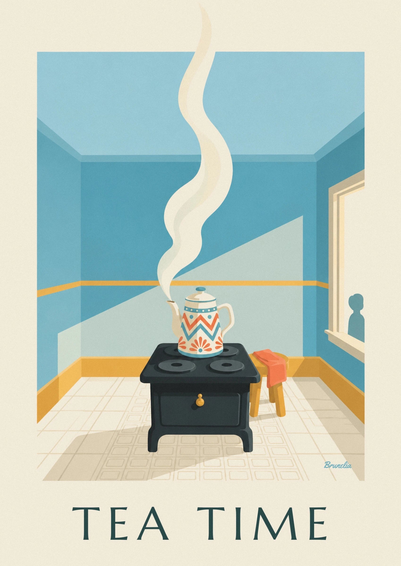 La bouilloire crème aux motifs turquoise et corail sur la cuisinière noire