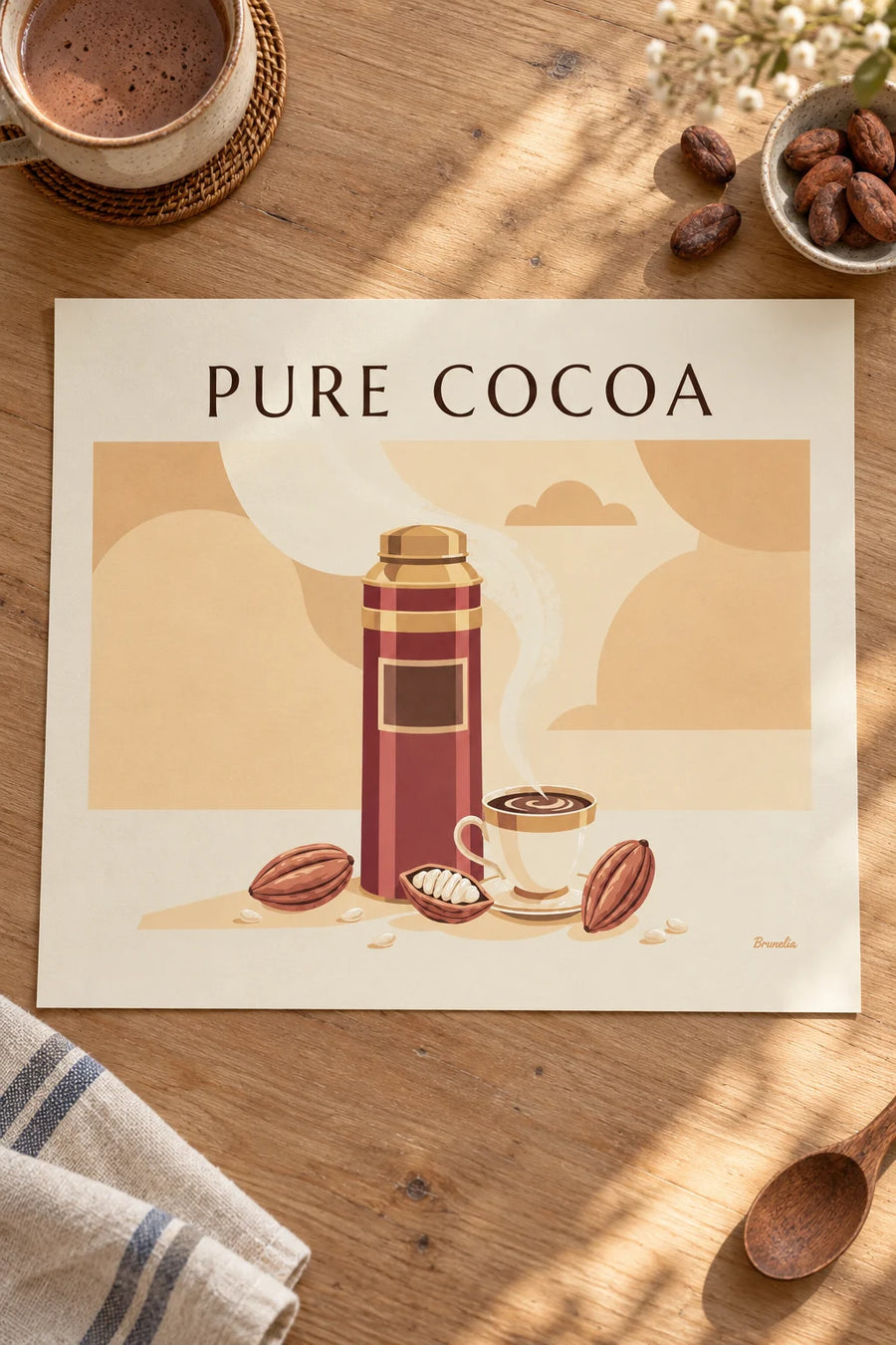Poster of a cocoa tin and a cup of hot chocolate: resting on a table