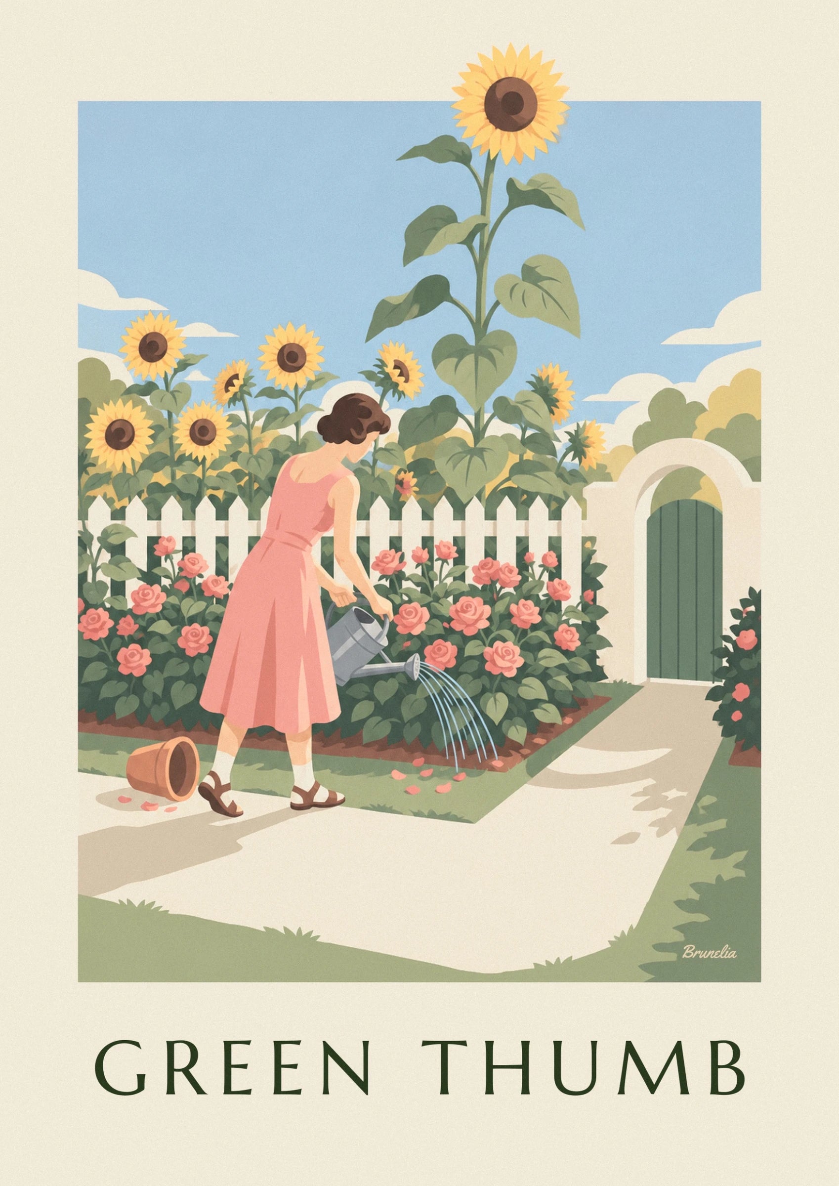 The gardener in a pink dress with her grey watering can among the flowering rose bushes