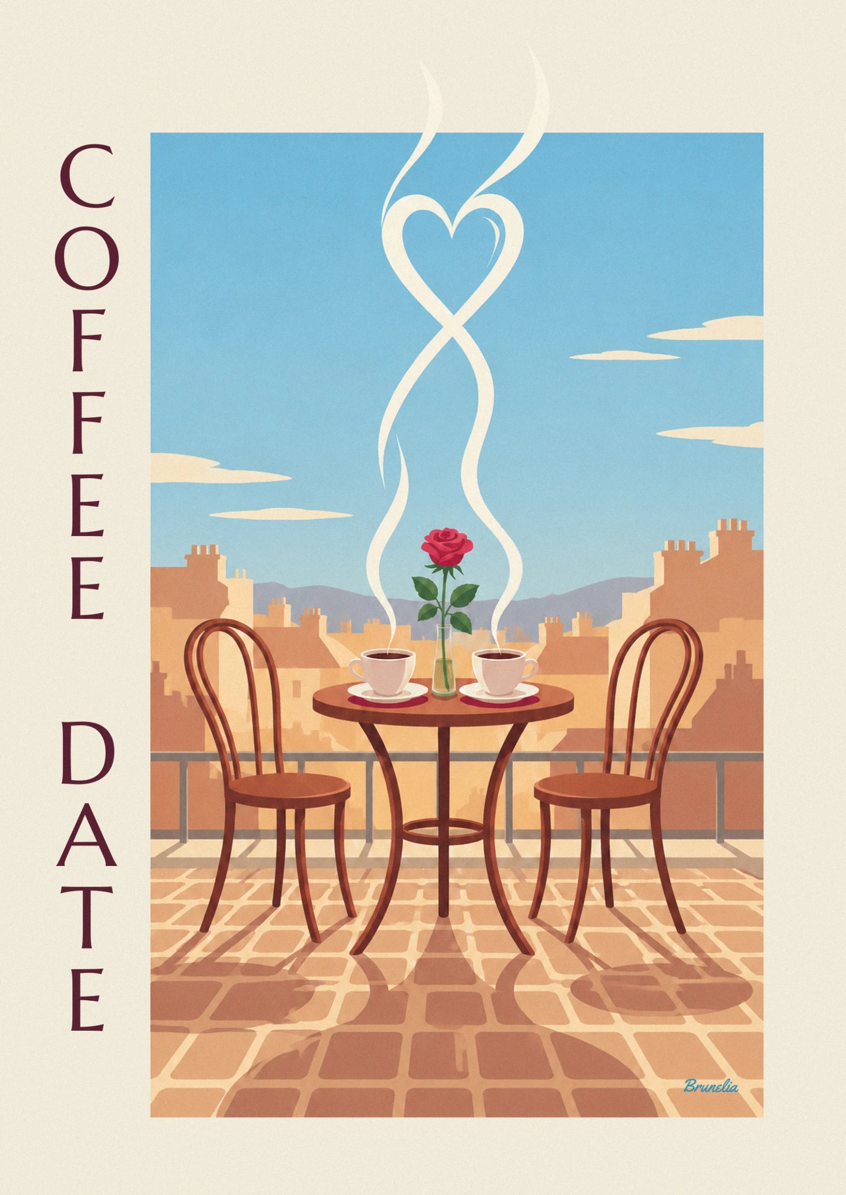 Les 2 tasses de café fumant et la rose rouge en vase, sur la table du balcon