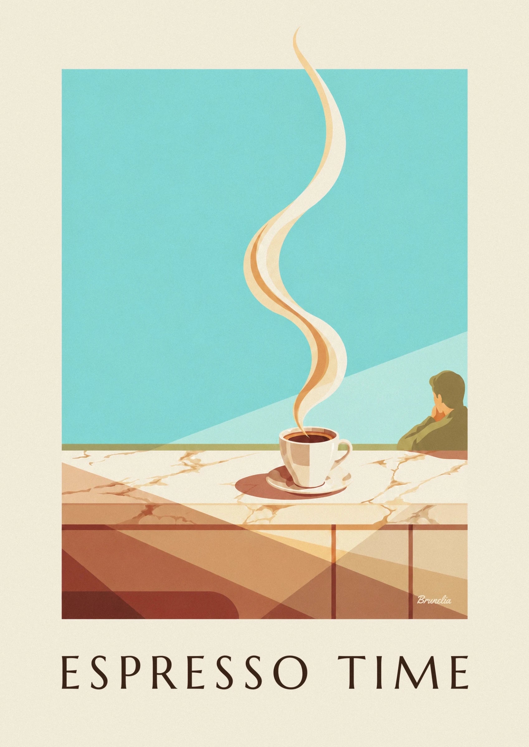 The steaming cup of espresso on its saucer, resting on the veined marble