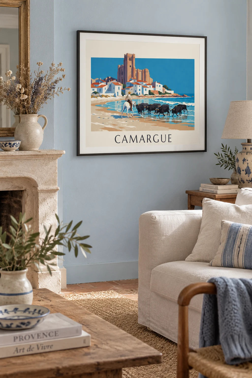 Gardian and black bulls on the Camargue beach poster on the wall