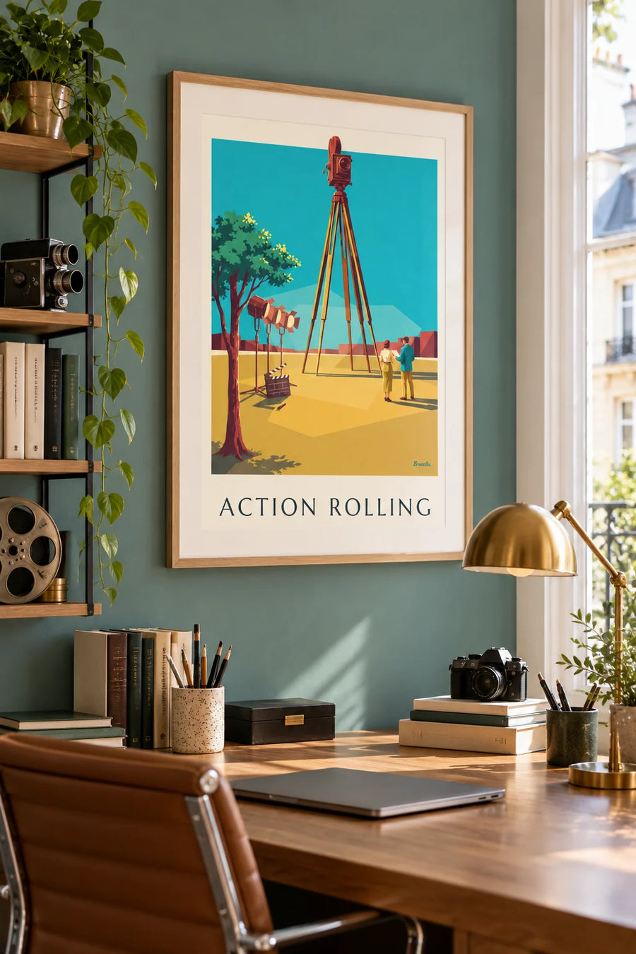 Poster filmcamera op statief op een filmset : ingelijst aan de muur