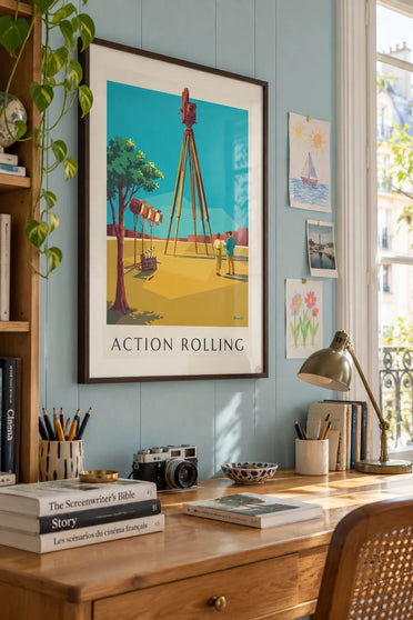 Poster van een filmcamera op statief op een filmset: ingelijst aan de muur