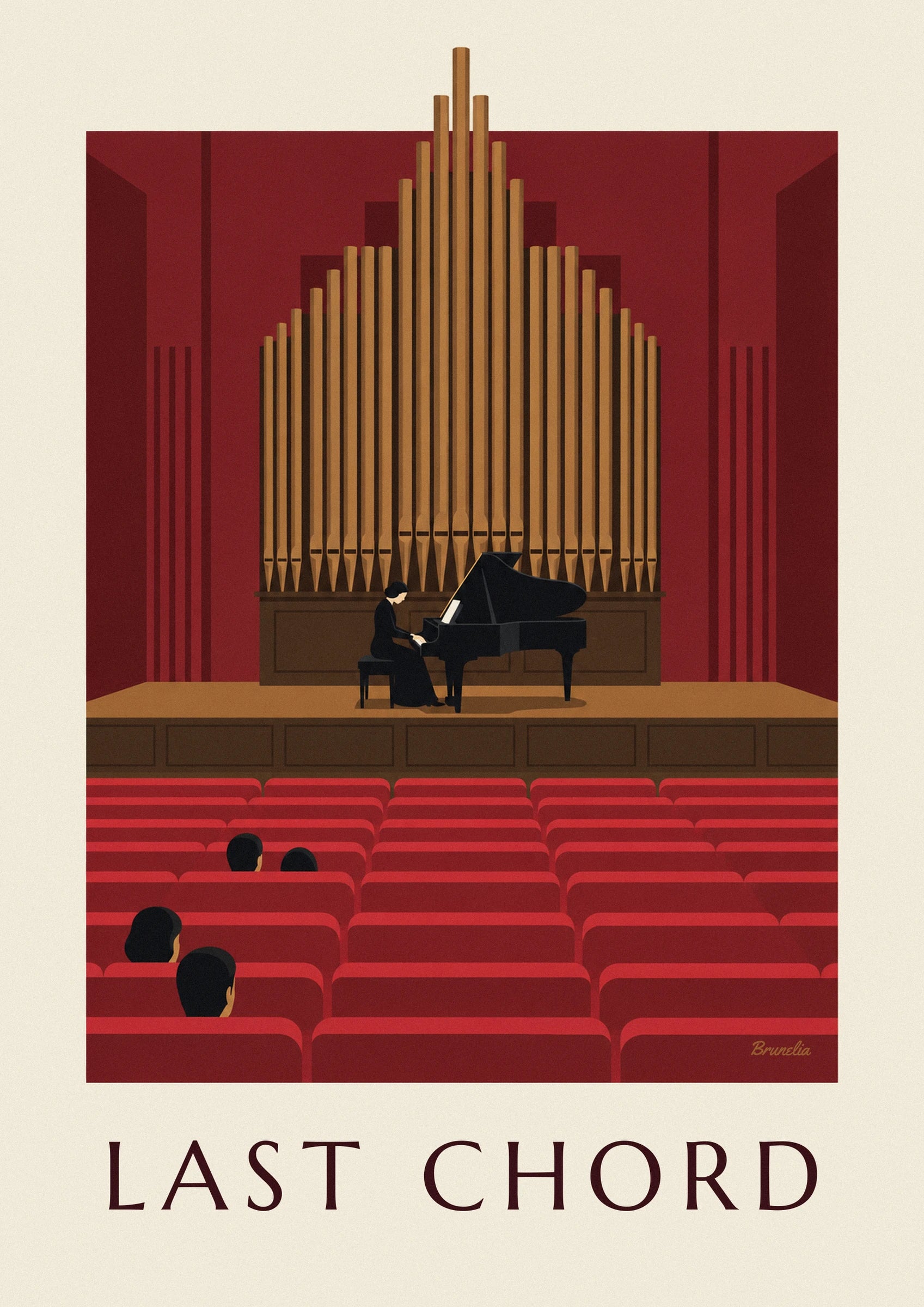 De pianiste in een zwarte jurk aan haar vleugel op het houten podium