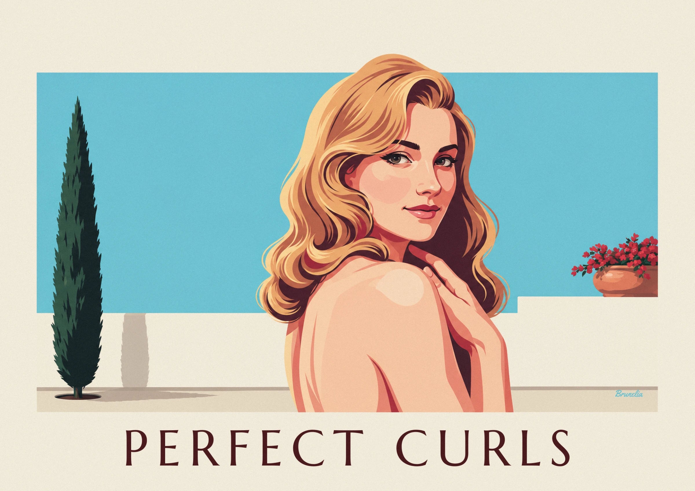 De blonde pin-up met lange golven, die opzij kijkt met een hand op haar schouder