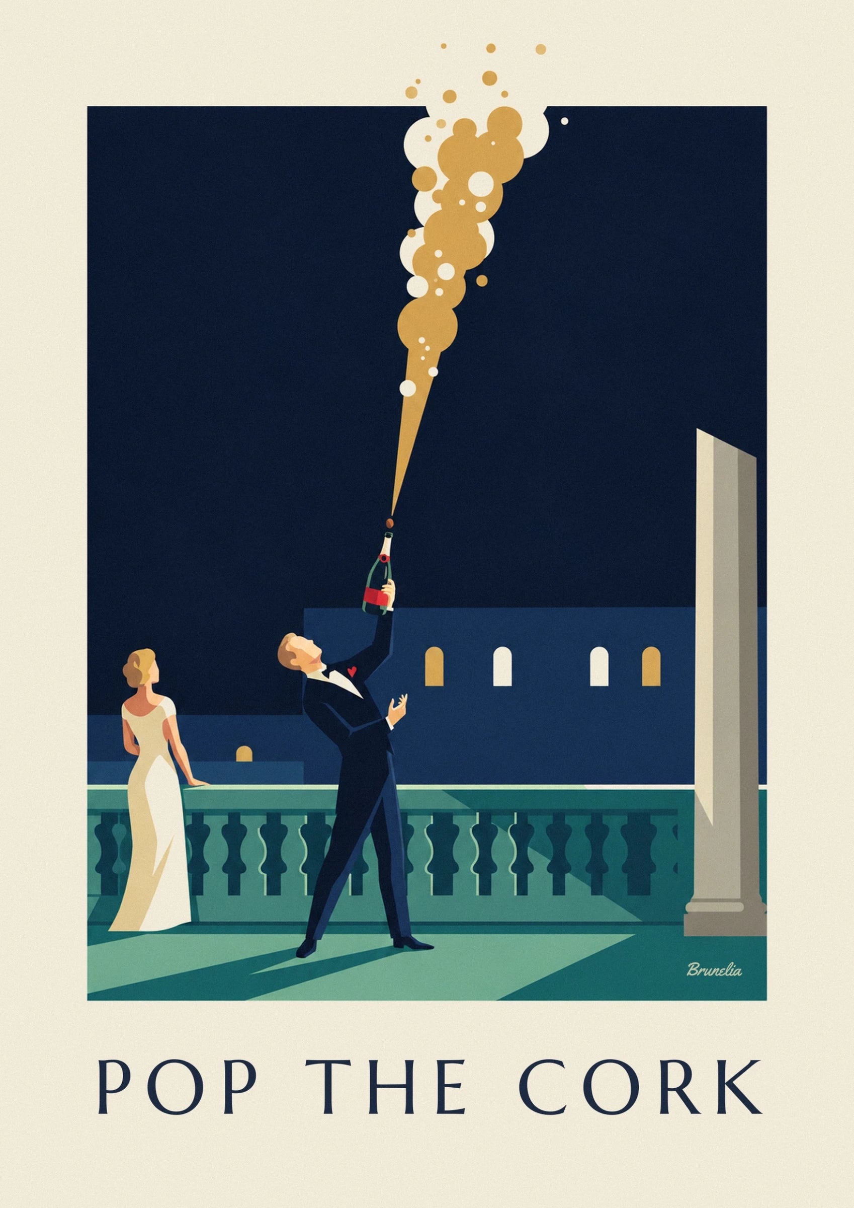 Man in a tuxedo opening a champagne bottle poster: close-up detail