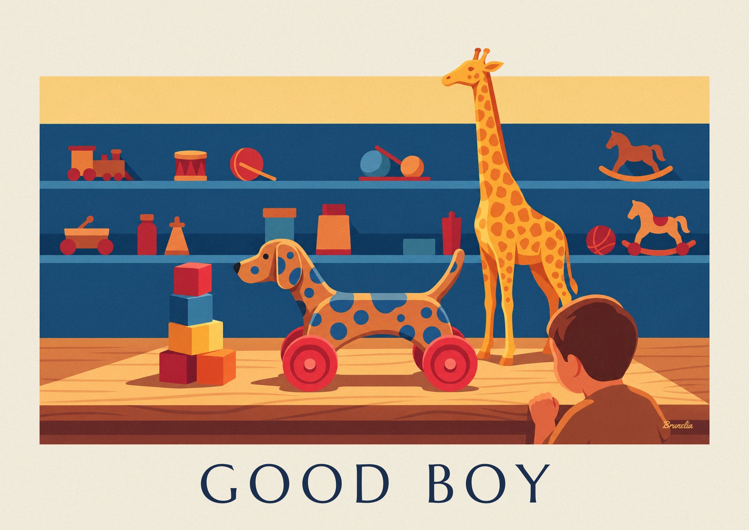 The orange dog with blue spots and red wheels, in front of the toy shelves