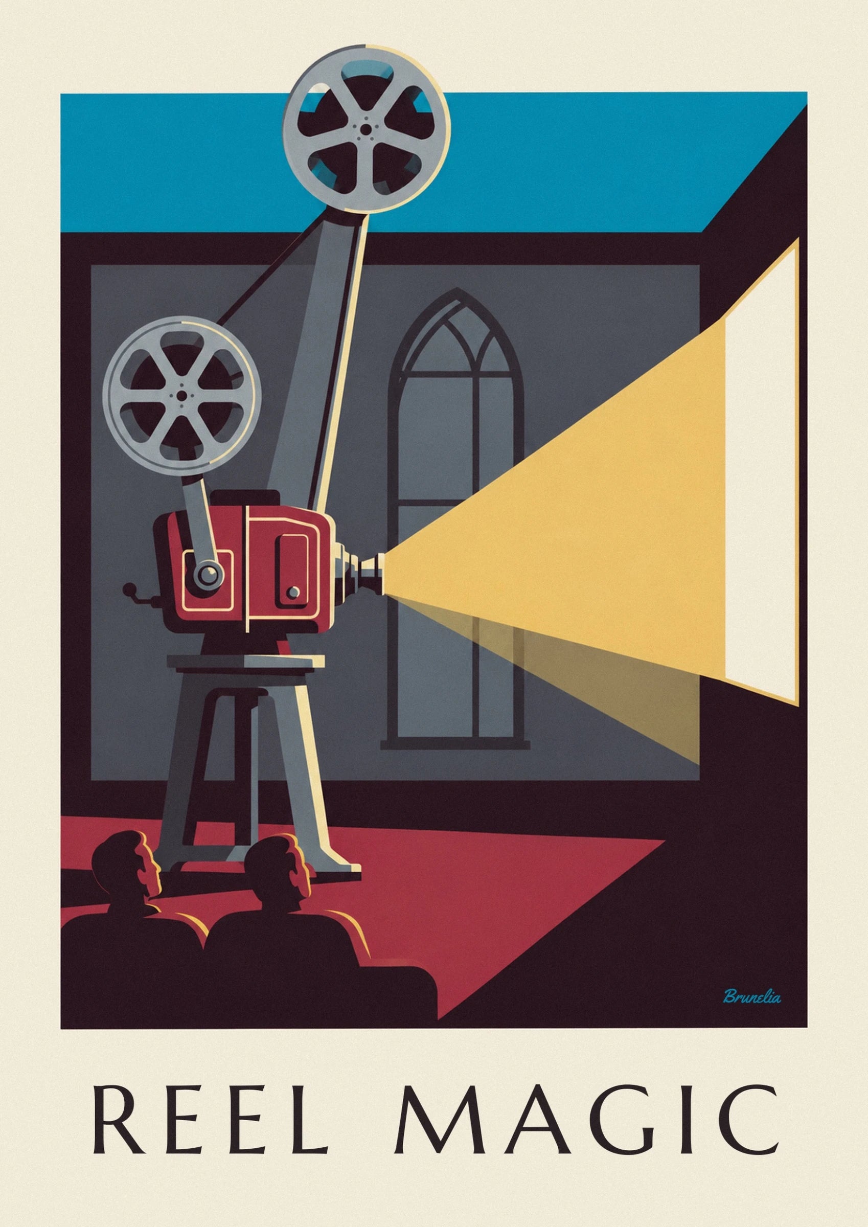De rode projector met crèmekleurige afwerking, zijn spoel en grijze standaard
