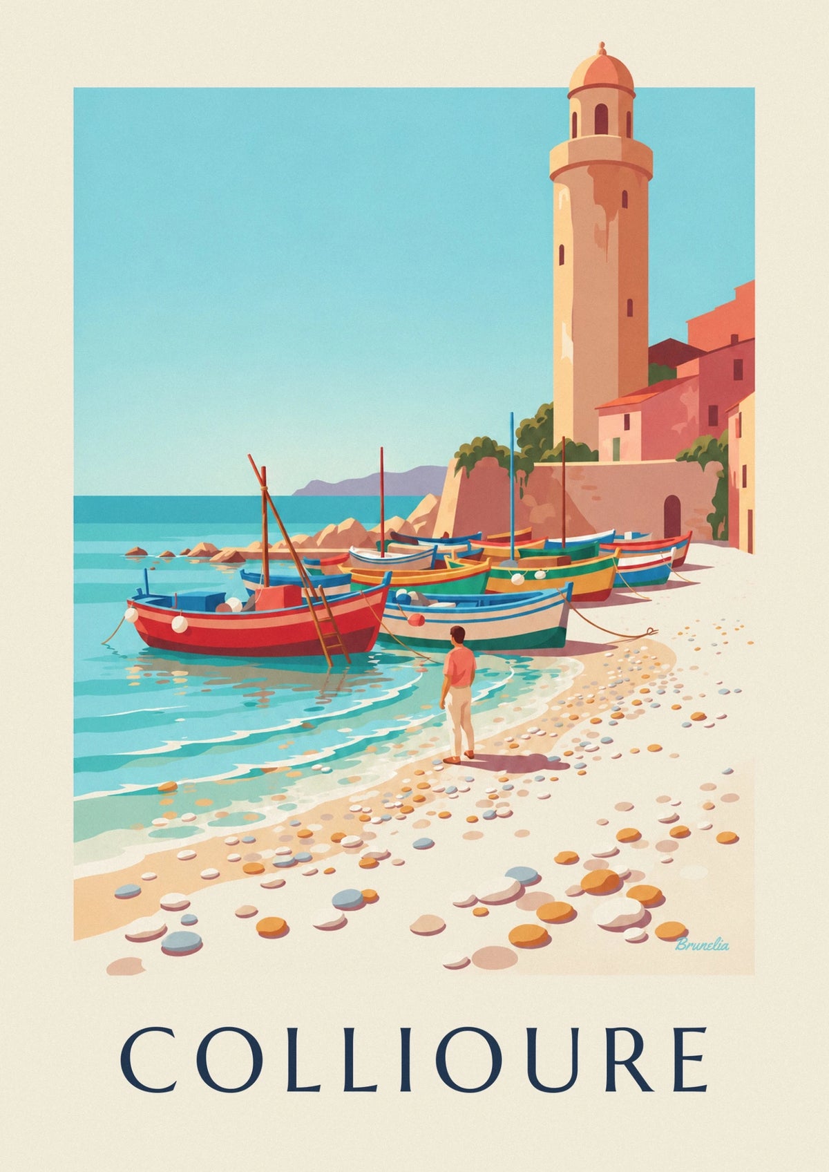 Colorful Catalan boats on Collioure beach poster