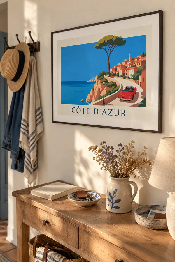 Affiche cabriolet rouge sur la corniche de la Côte d'Azur
