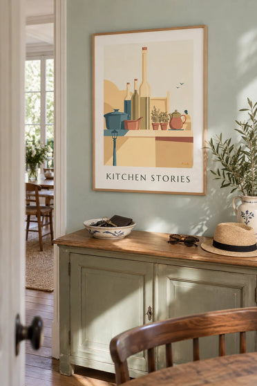 Affiche casseroles, théières peintes et bouteilles de cuisine : encadrée au mur
