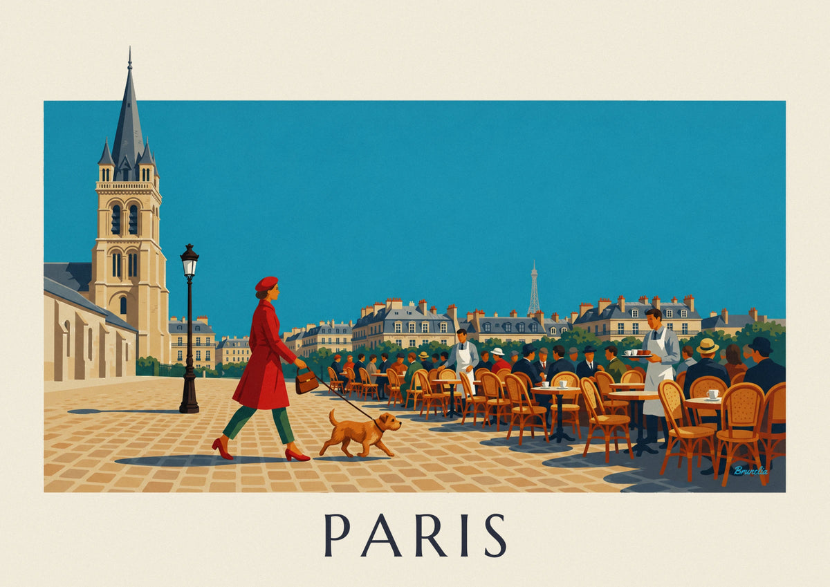Woman and dog on Place Saint-Germain-des-Prés in Paris poster