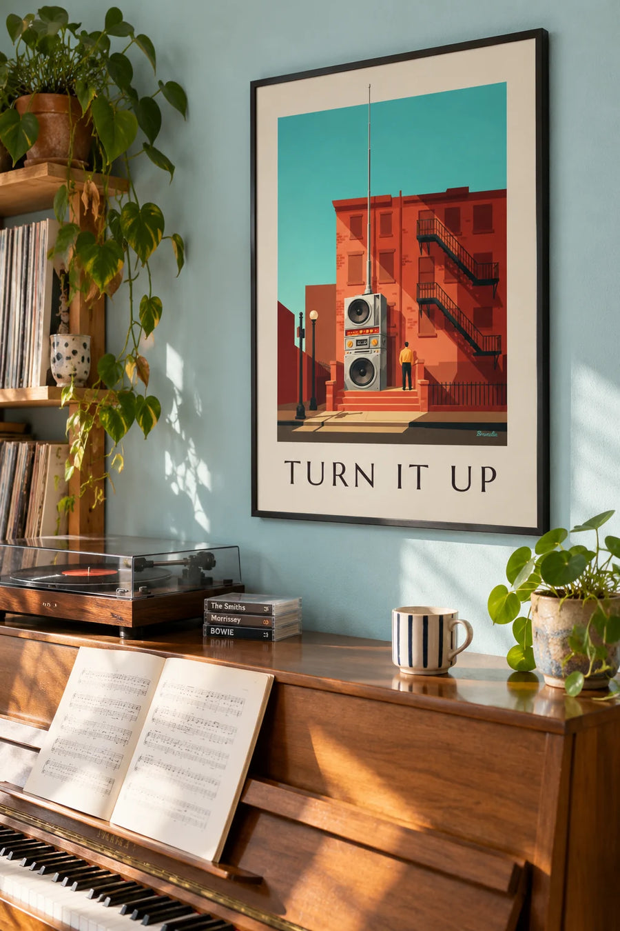 Poster of a dual-deck boombox on an urban stoop: framed on the wall