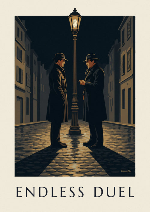 Poster film-noirduel onder een straatlantaarn, regenachtige nacht: de volledige poster