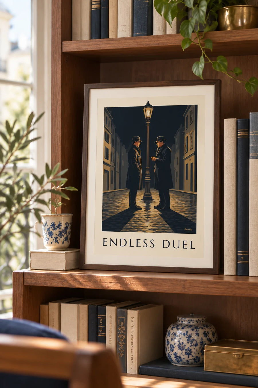Poster van een film-noirduel onder een straatlantaarn in een regenachtige nacht: klein formaat A4 ingelijst