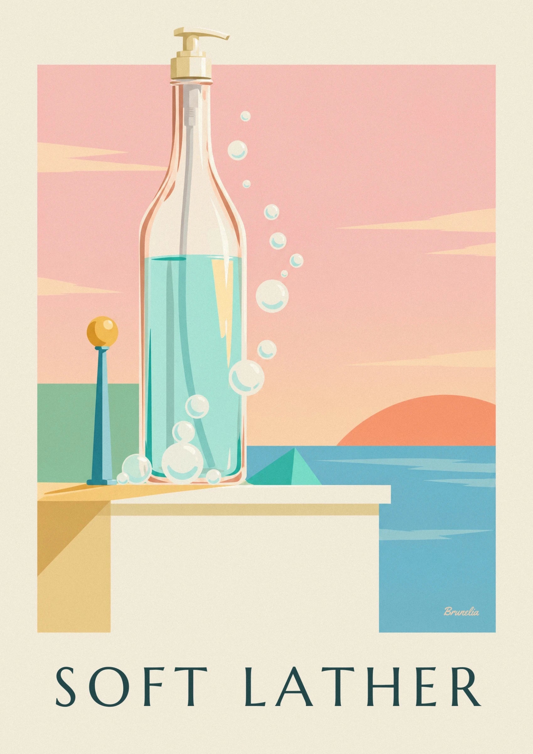 The base of the turquoise bottle surrounded by bubbles with cream highlights