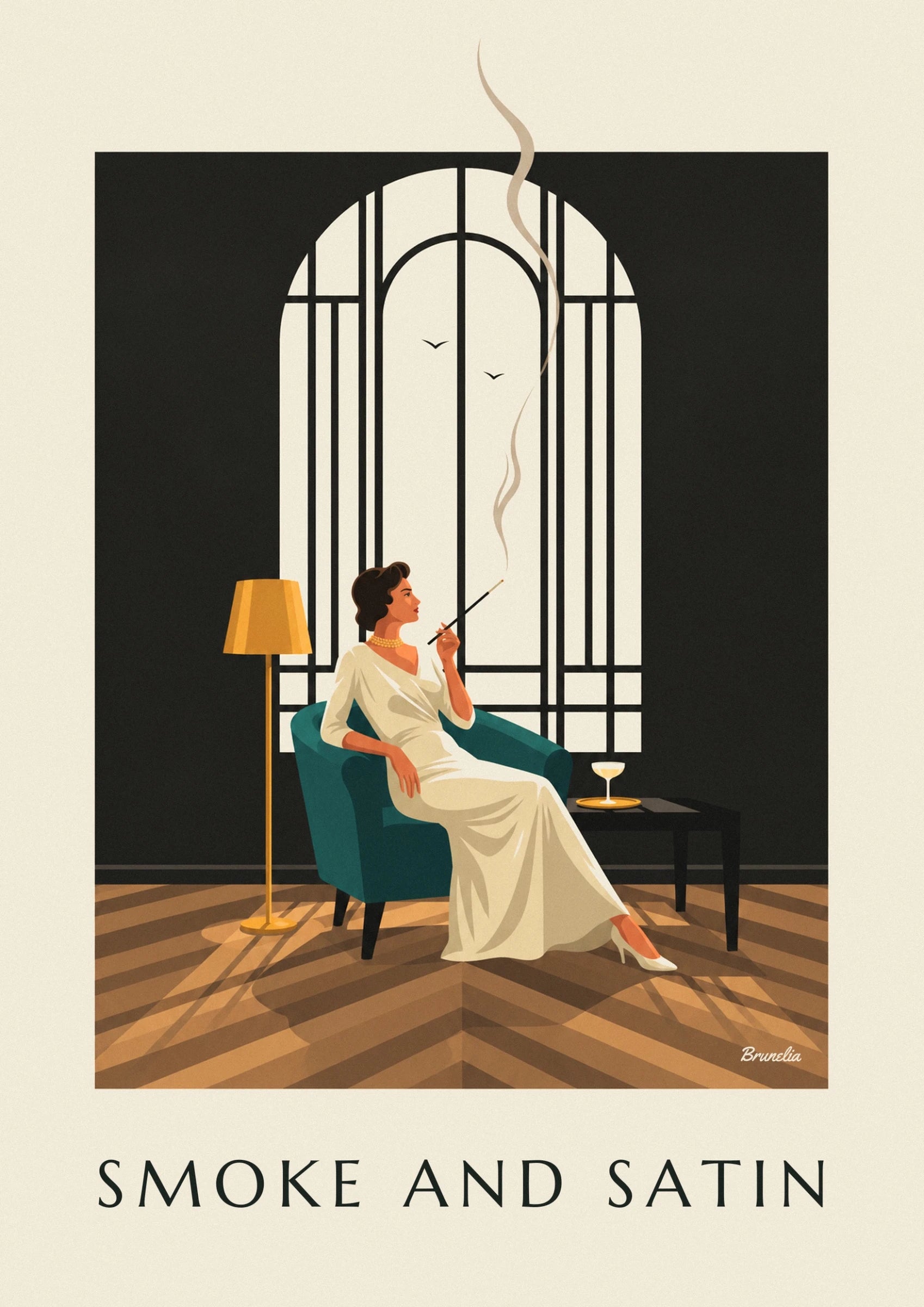 A woman in an ivory dress, holding a long cigarette holder in a teal armchair