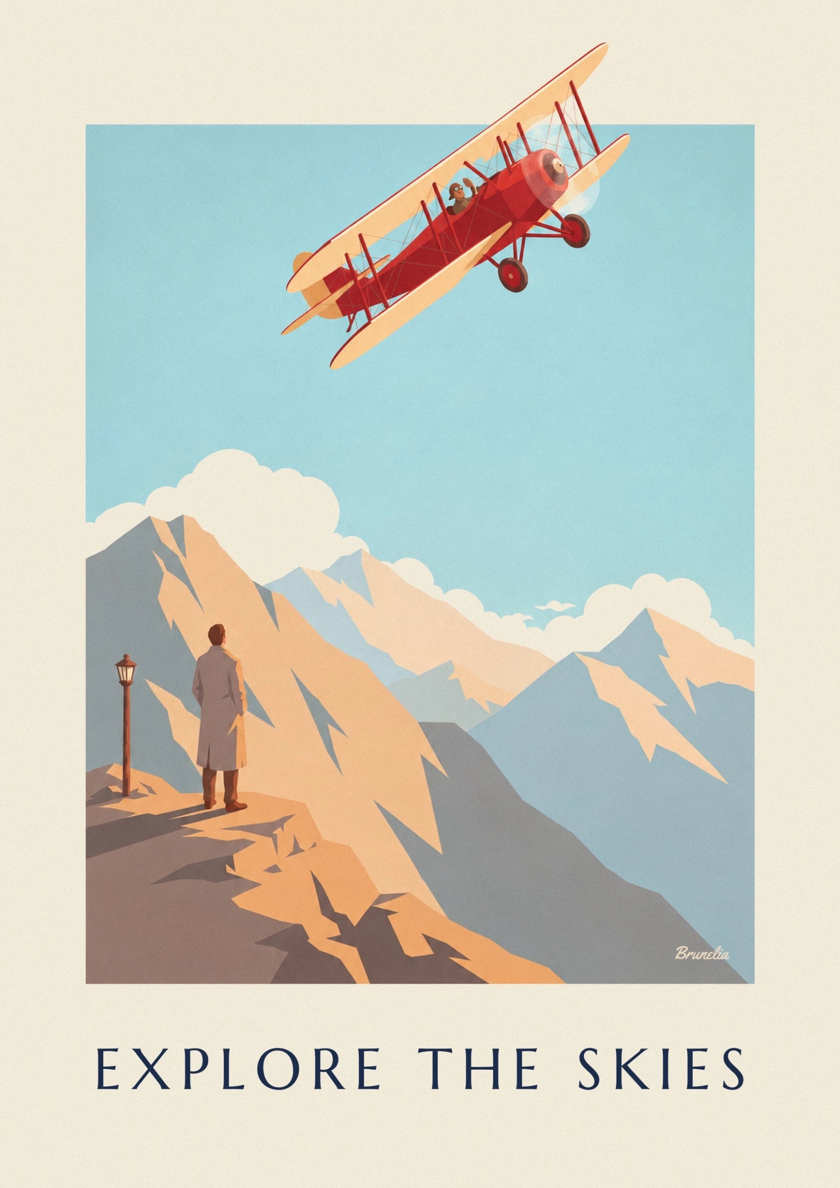 The red biplane with cream wings and its pilot in the blue sky