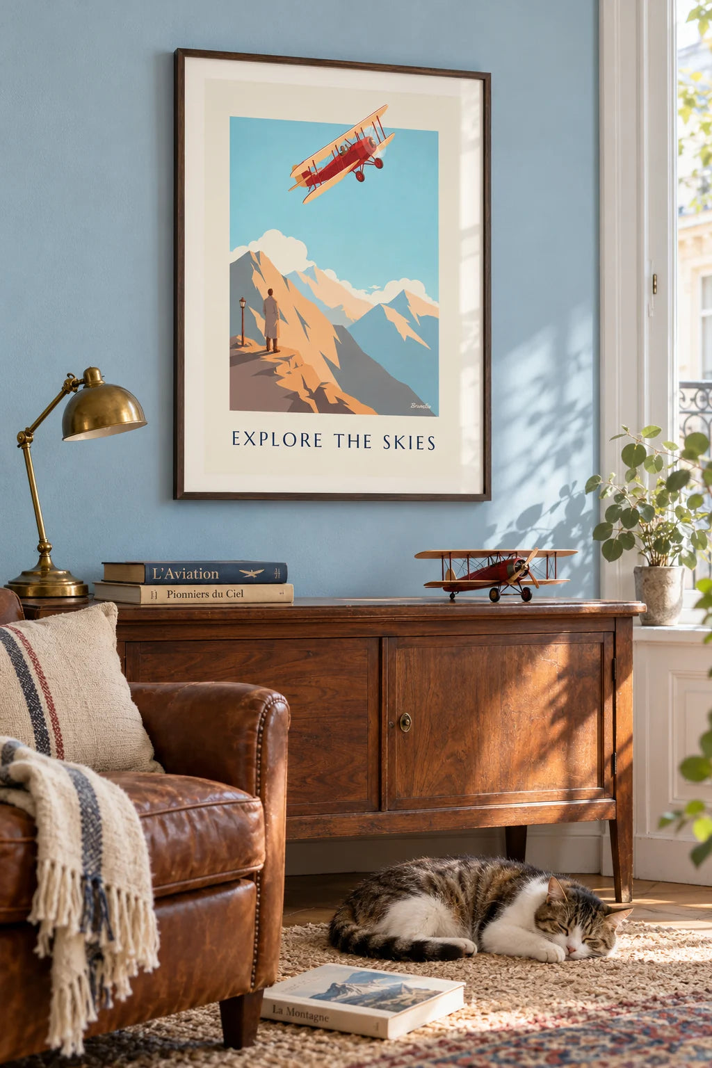 Explore the Skies biplane over the mountains poster on the wall