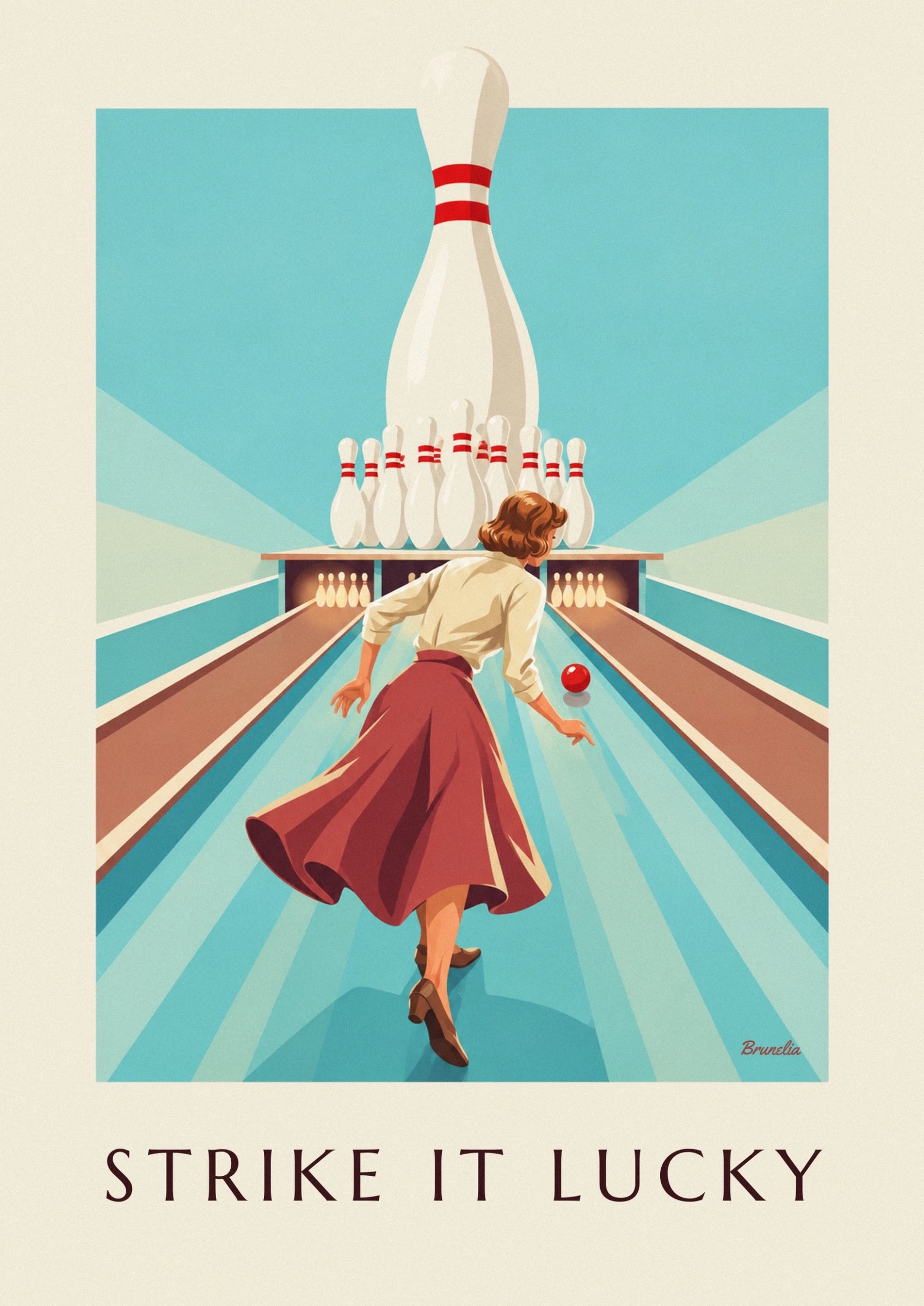 A player in a red skirt and cream blouse with her red ball on the bowling lane