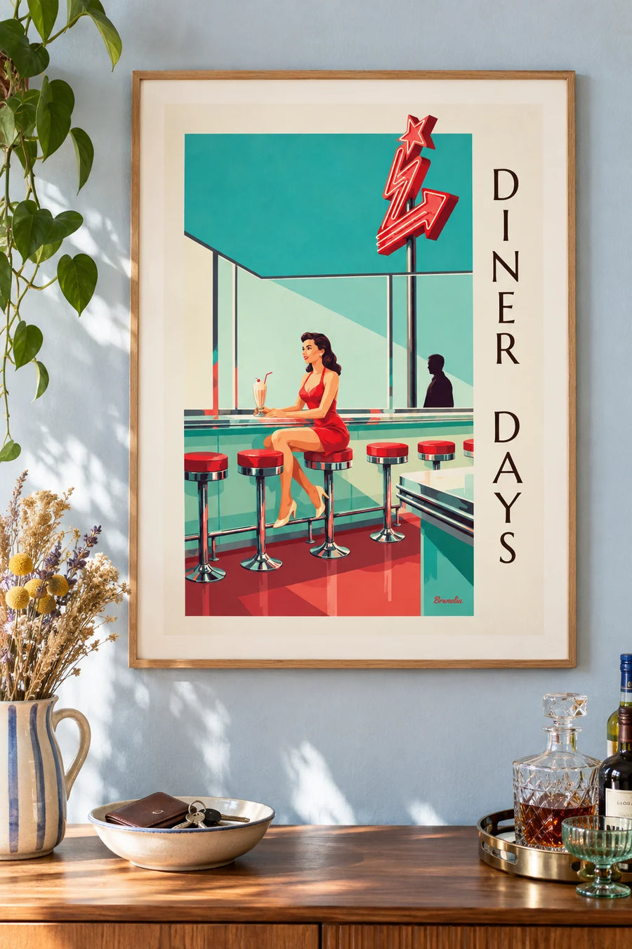 Poster pin-up aan de toonbank van een Amerikaanse diner: ingelijst aan de muur