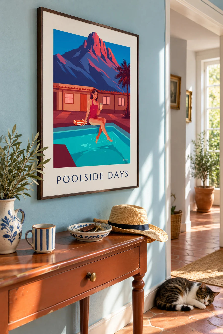 Affiche femme dans une piscine sur les toits au coucher du soleil : encadrée au mur