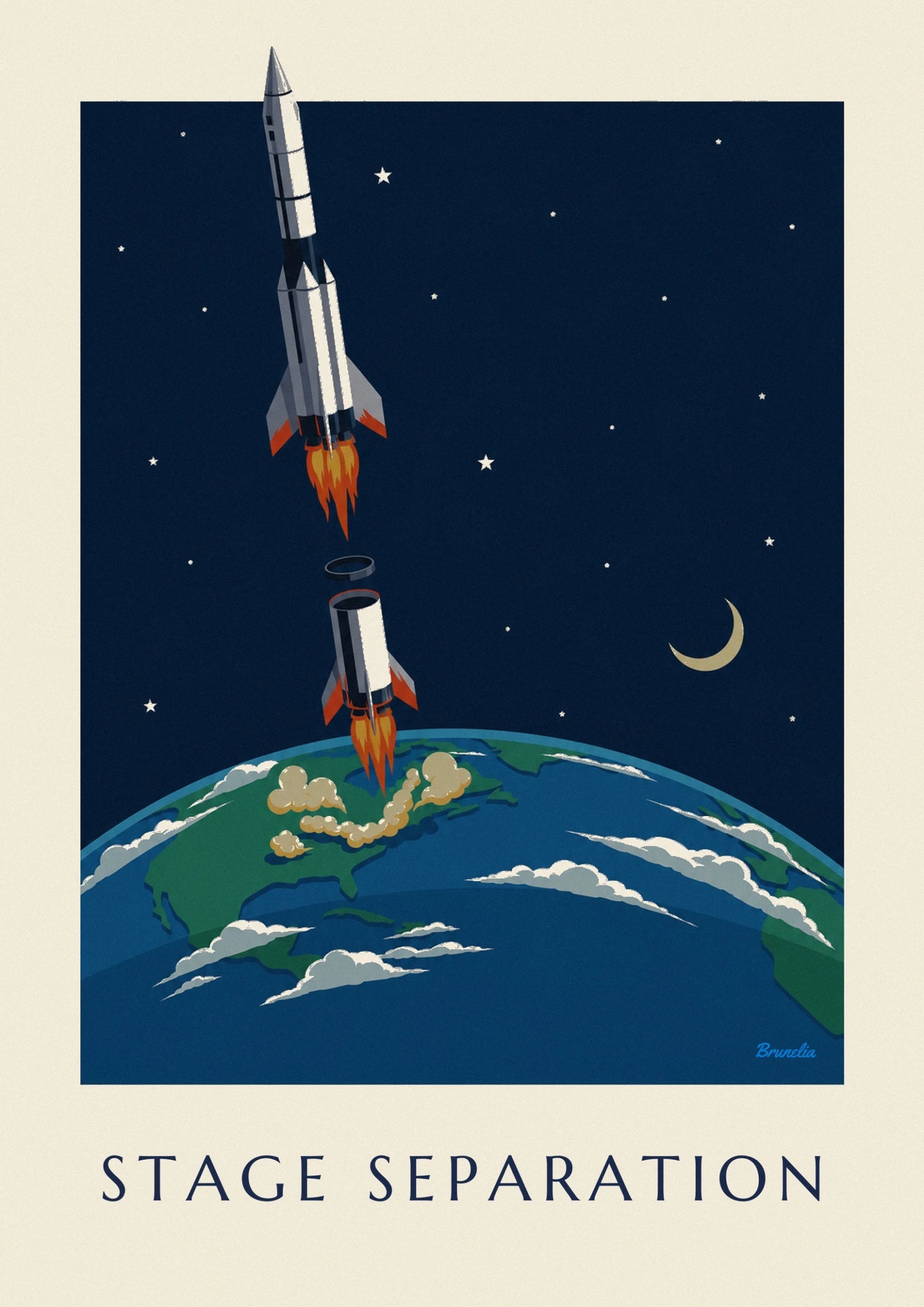 The white rocket with grey and red fins, propelled by long orange flames