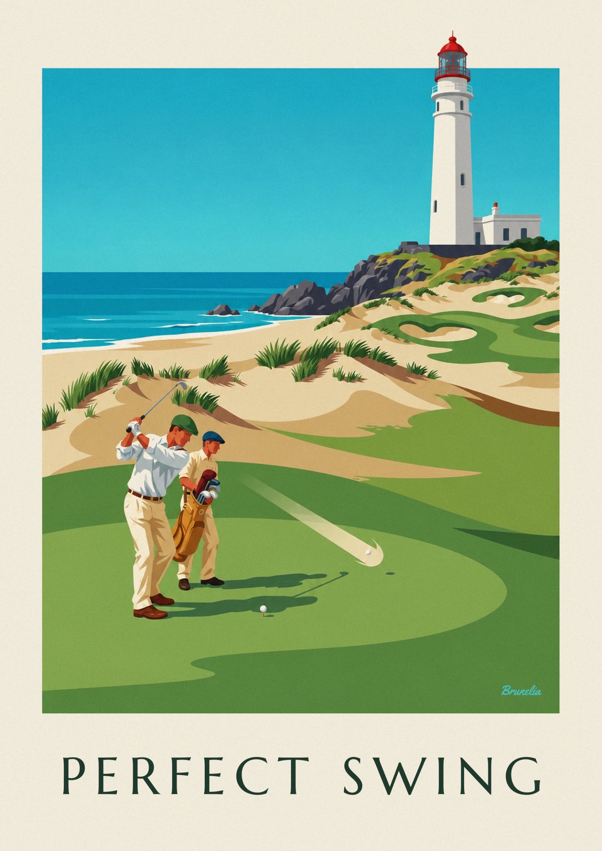 Golfer mid-swing on a clifftop links poster