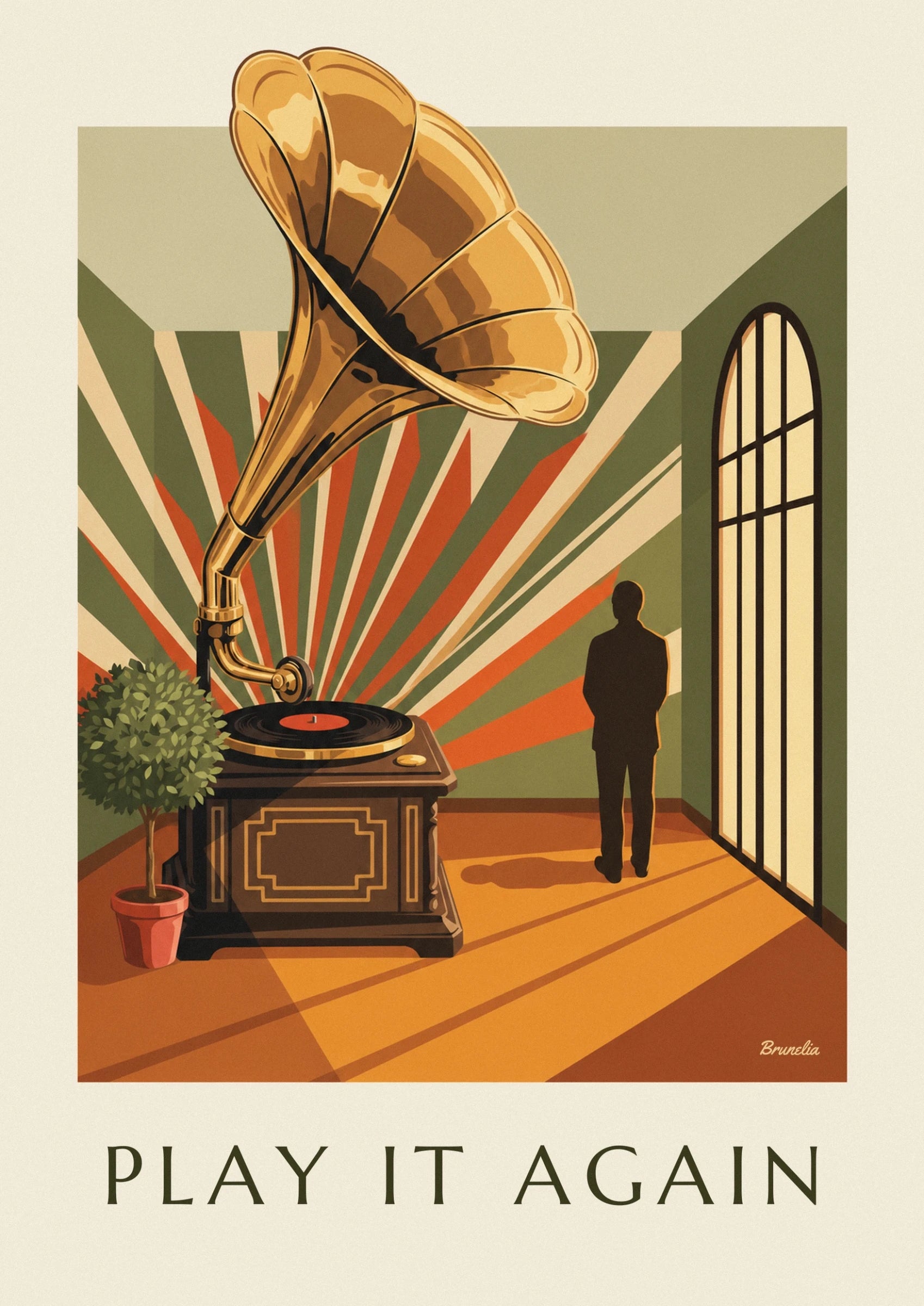 The golden gramophone horn and its curves against a background of geometric patterns