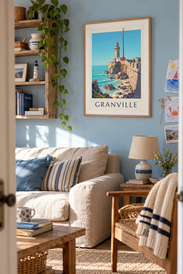 Poster witte vuurtoren met rode lantaarn op de rotsen van Granville: ingelijst aan de muur