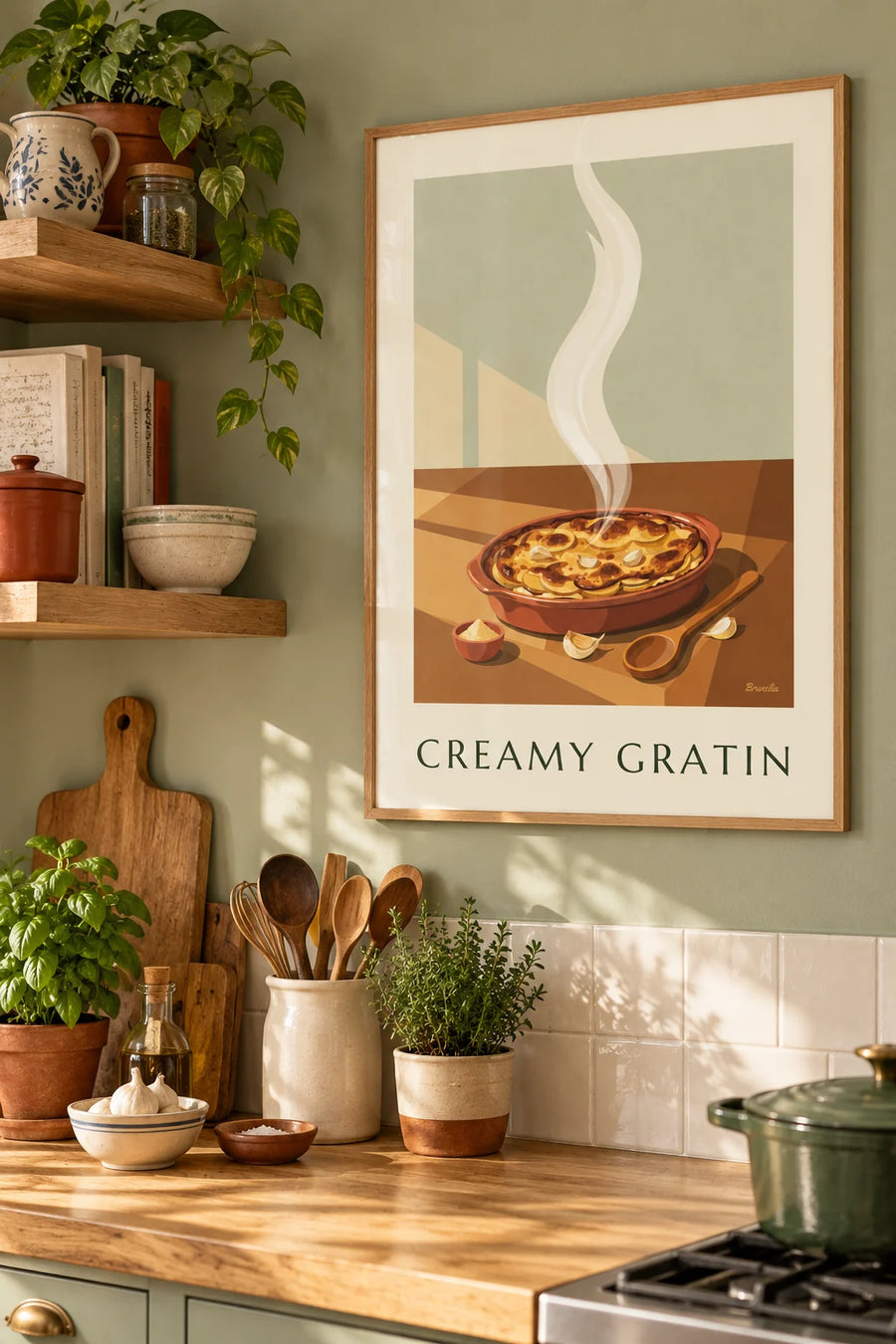 Poster gratin dauphinois goudbruin in een aardewerken schaal: ingelijst aan de muur