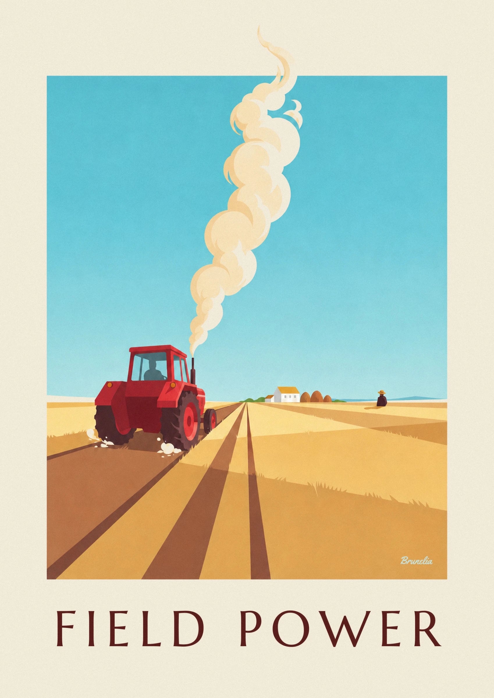 The red tractor and its driver among the furrows of the golden field