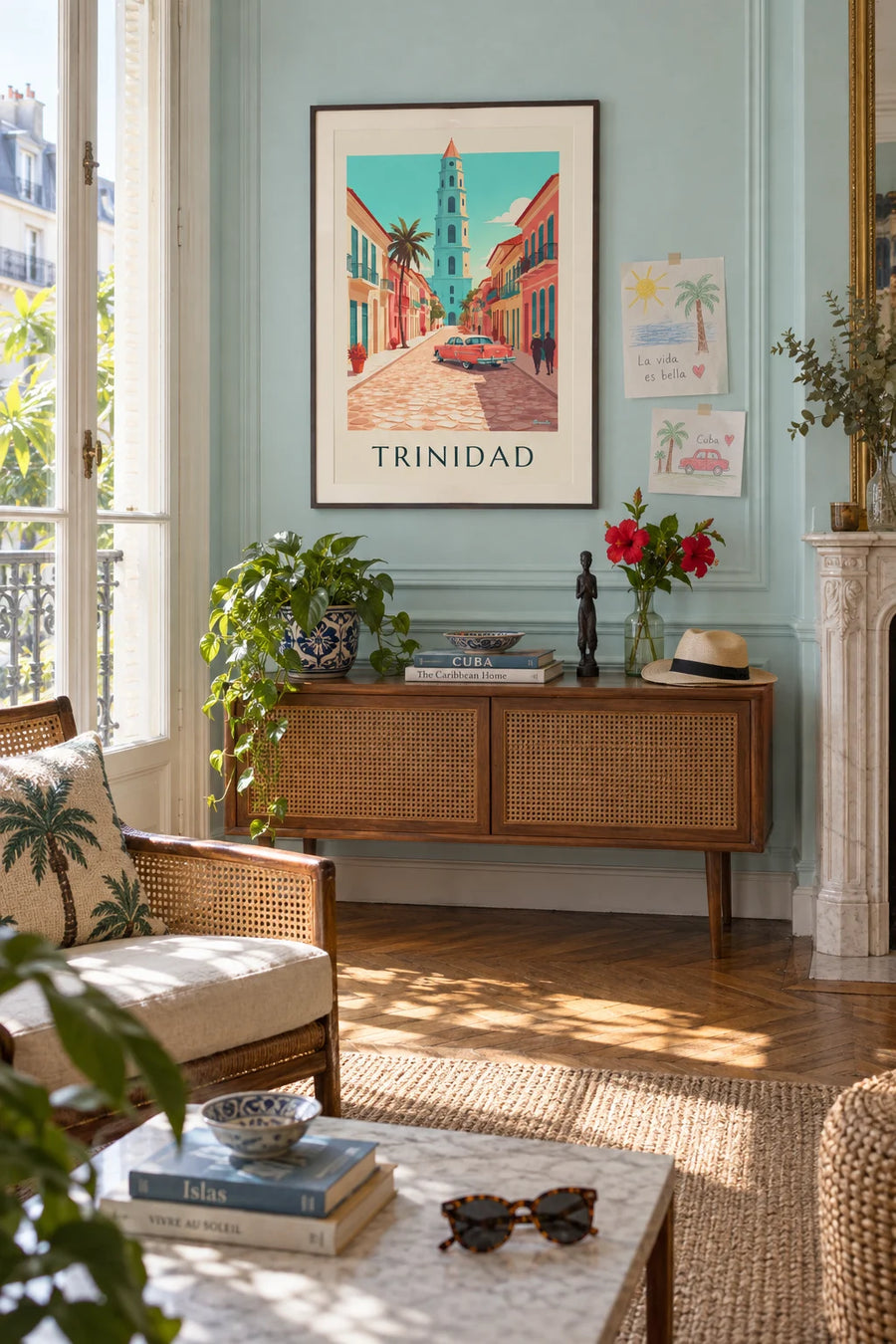 Vintage car poster on the streets of Trinidad, Cuba: framed on the wall