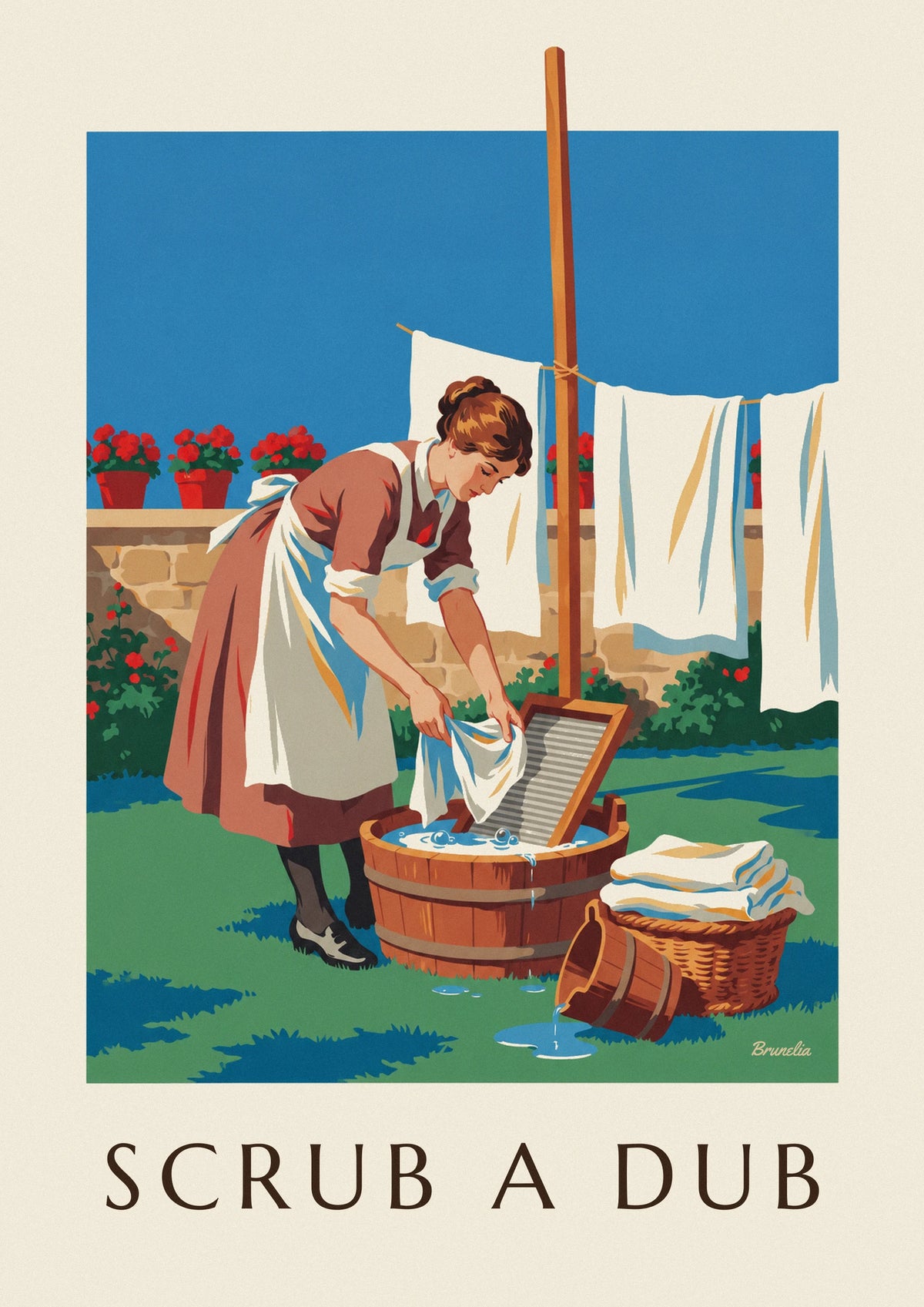 Affiche femme et planche à laver dans une cour ensoleillée