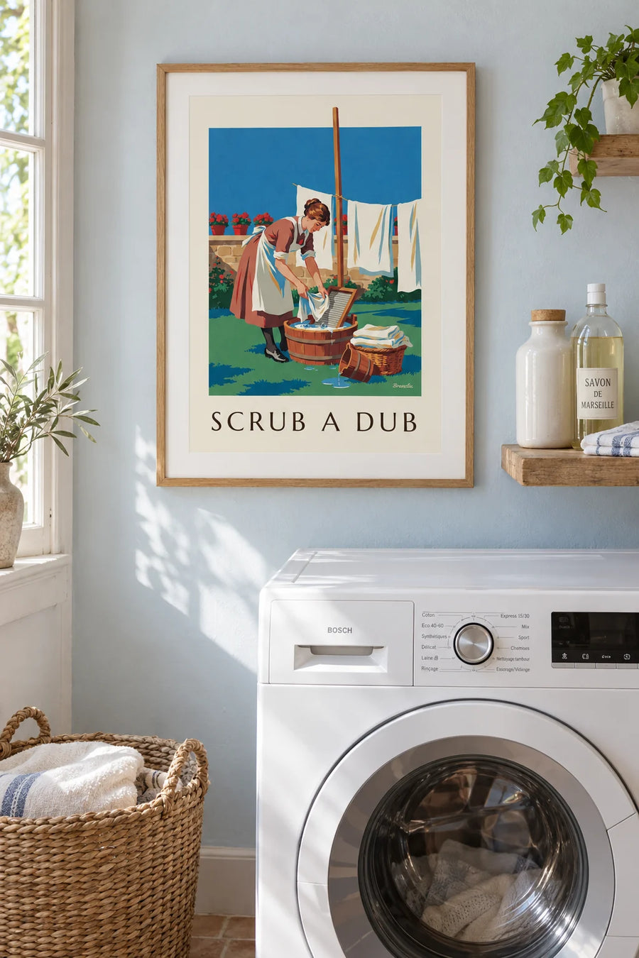 Poster vrouw en wasbord op een zonnig binnenplein: ingelijst aan de muur