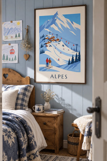 Poster skidorp in de Franse Alpen en gondel: ingelijst aan de muur