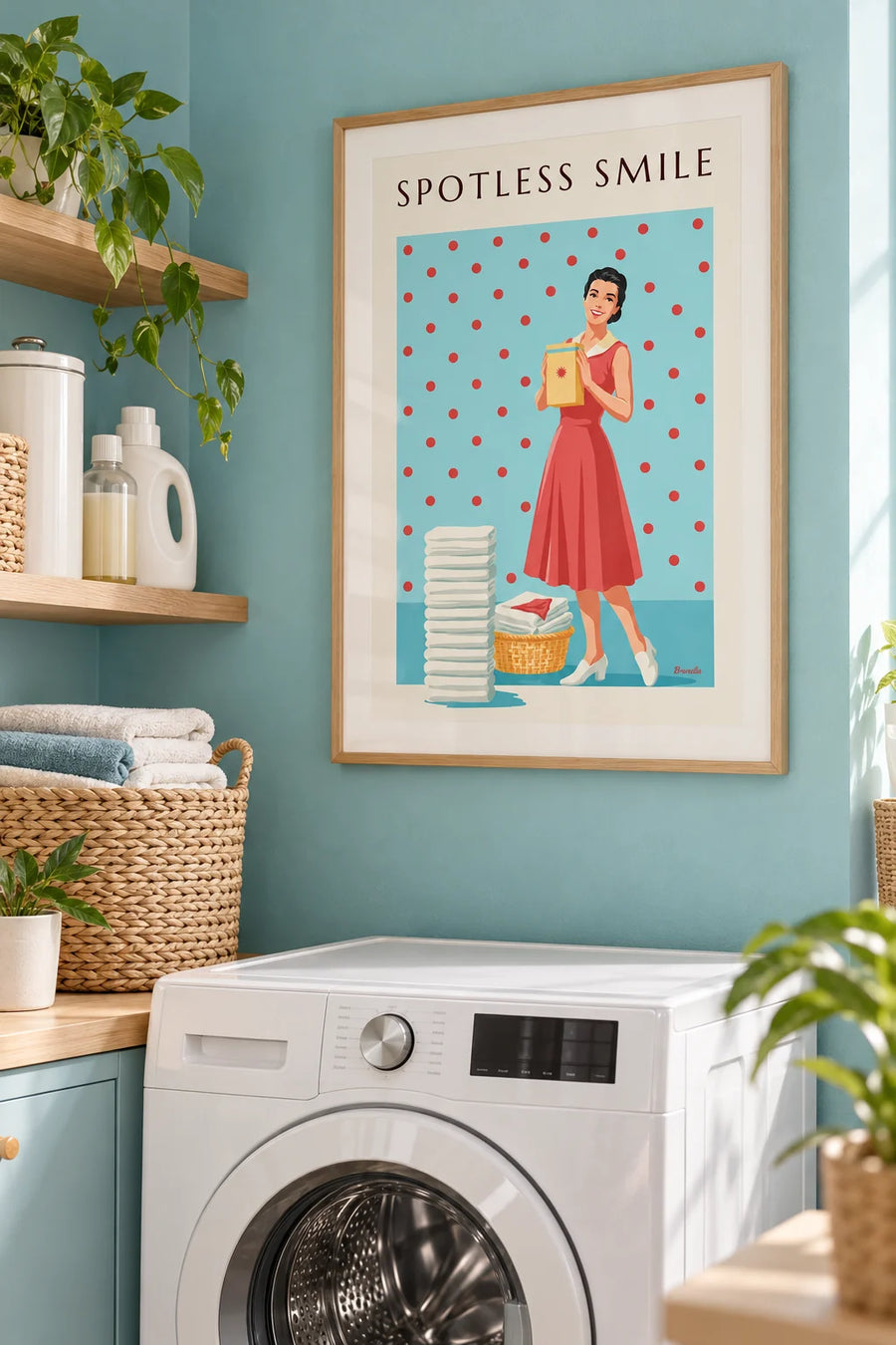 Affiche lessive, femme souriante et fond à pois : encadrée au mur