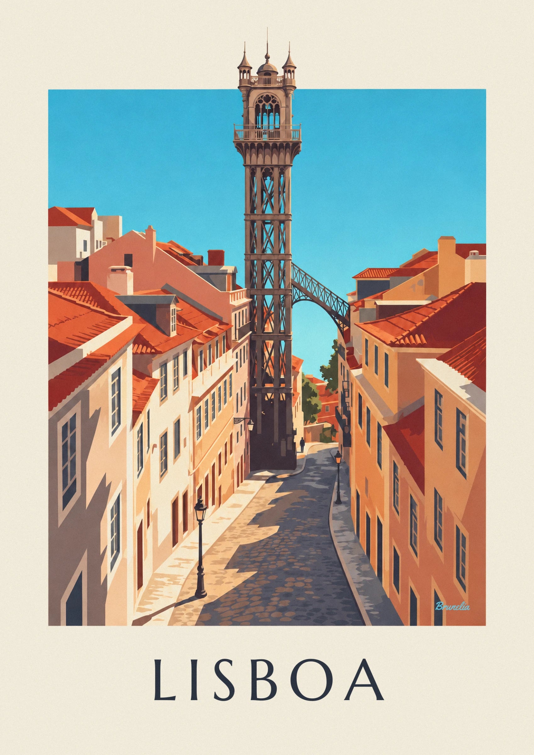 The lift's openwork iron tower and its balcony beneath a turquoise sky